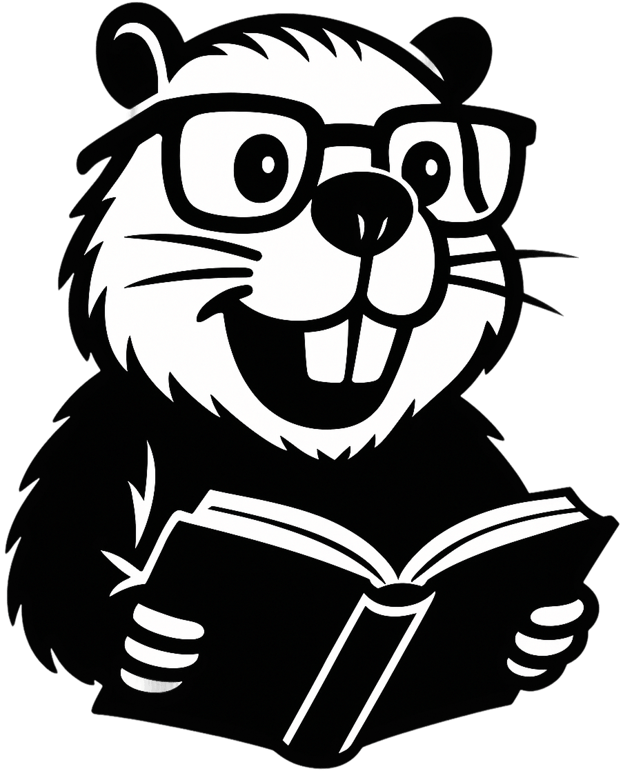 La mascota de Finseed, un castor con gafas leyendo un libro