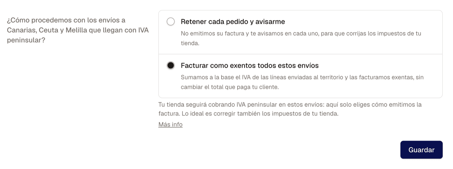 Perfil fiscal de Finseed configurado para facturar como exentos los envíos a Canarias, Ceuta y Melilla