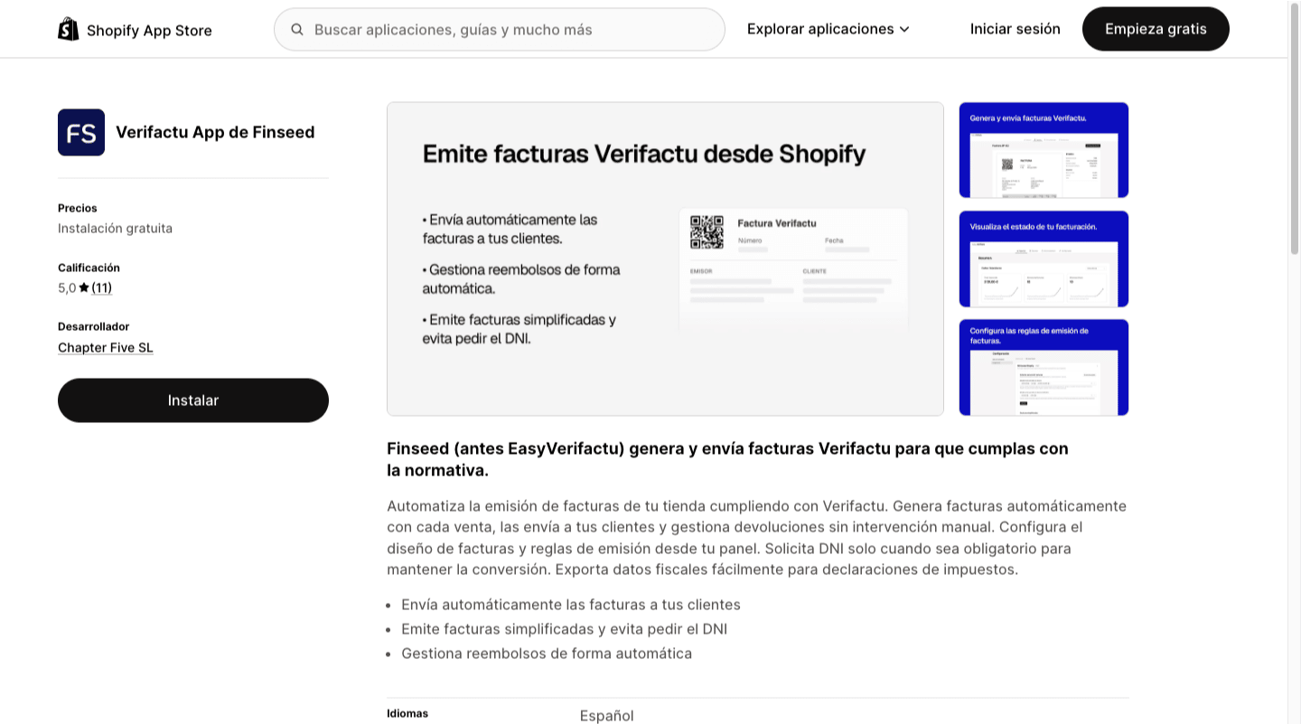 Ficha de Finseed en Shopify App Store