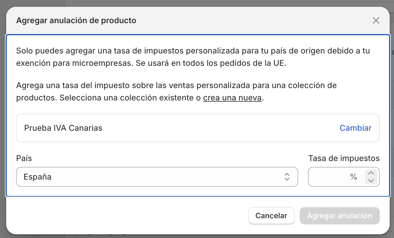 Anulación de impuestos de Shopify sin selector para las provincias de Canarias