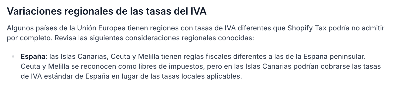 Documentación de Shopify sobre las variaciones regionales del IVA en Canarias