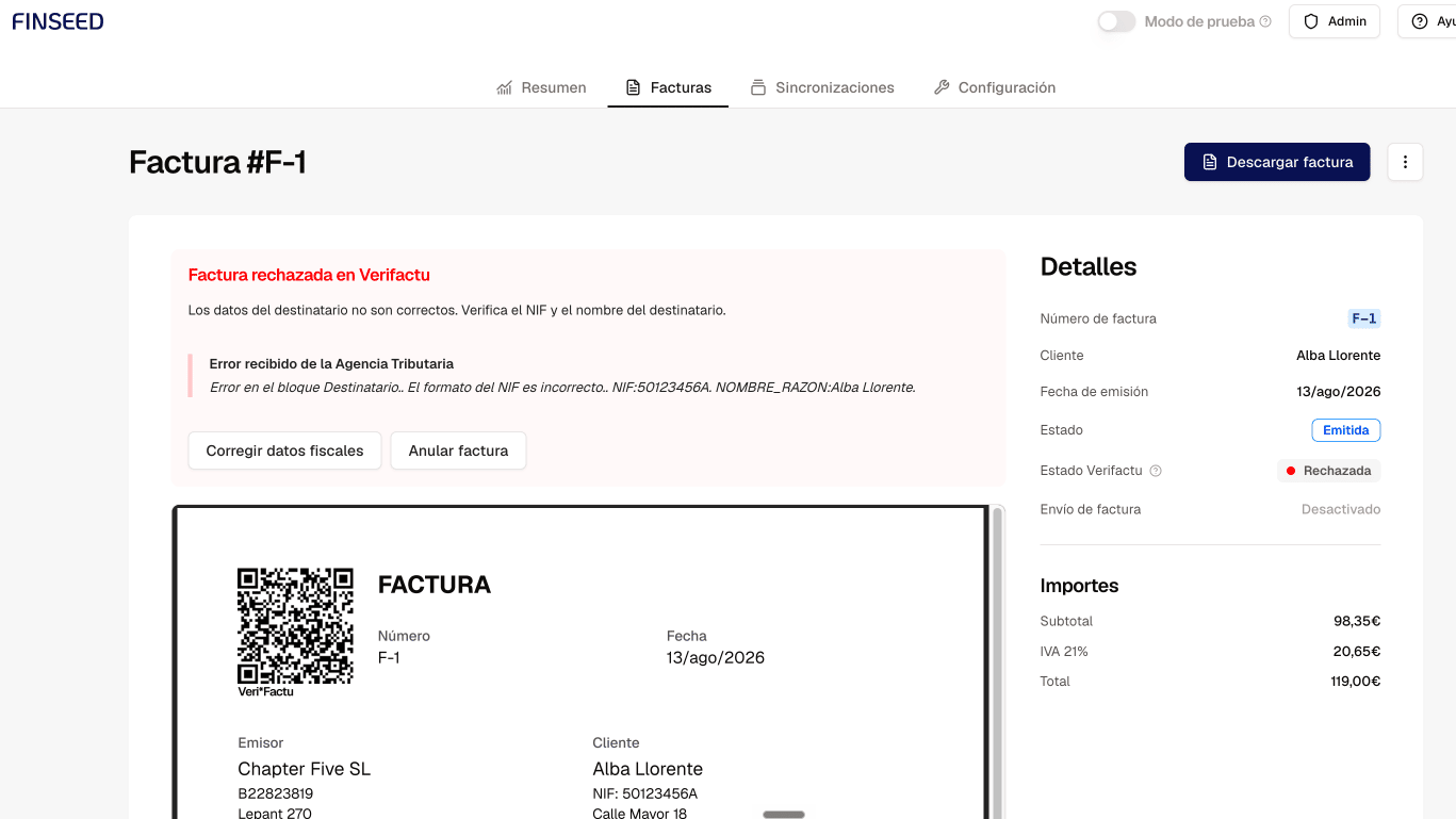 Factura rechazada en Finseed con el motivo comunicado por la Agencia Tributaria y la acción para resolverlo