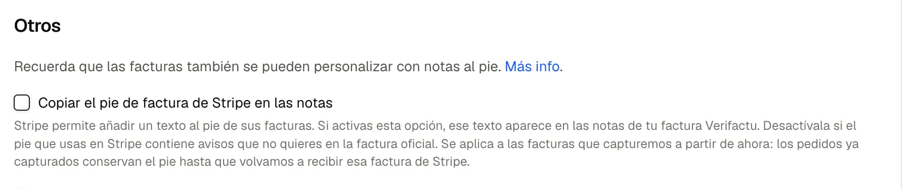 Opción Copiar el pie de factura de Stripe en las notas desmarcada en los ajustes de la integración de Finseed