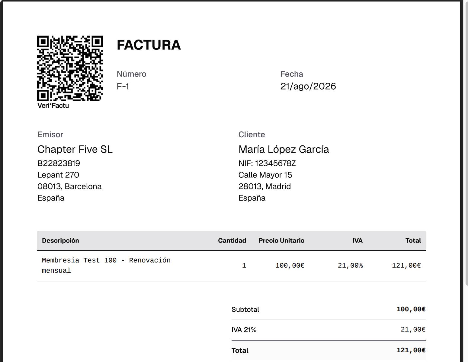 Factura Verifactu emitida por Finseed a partir de un alta de MemberPress, con el NIF del cliente y el código QR