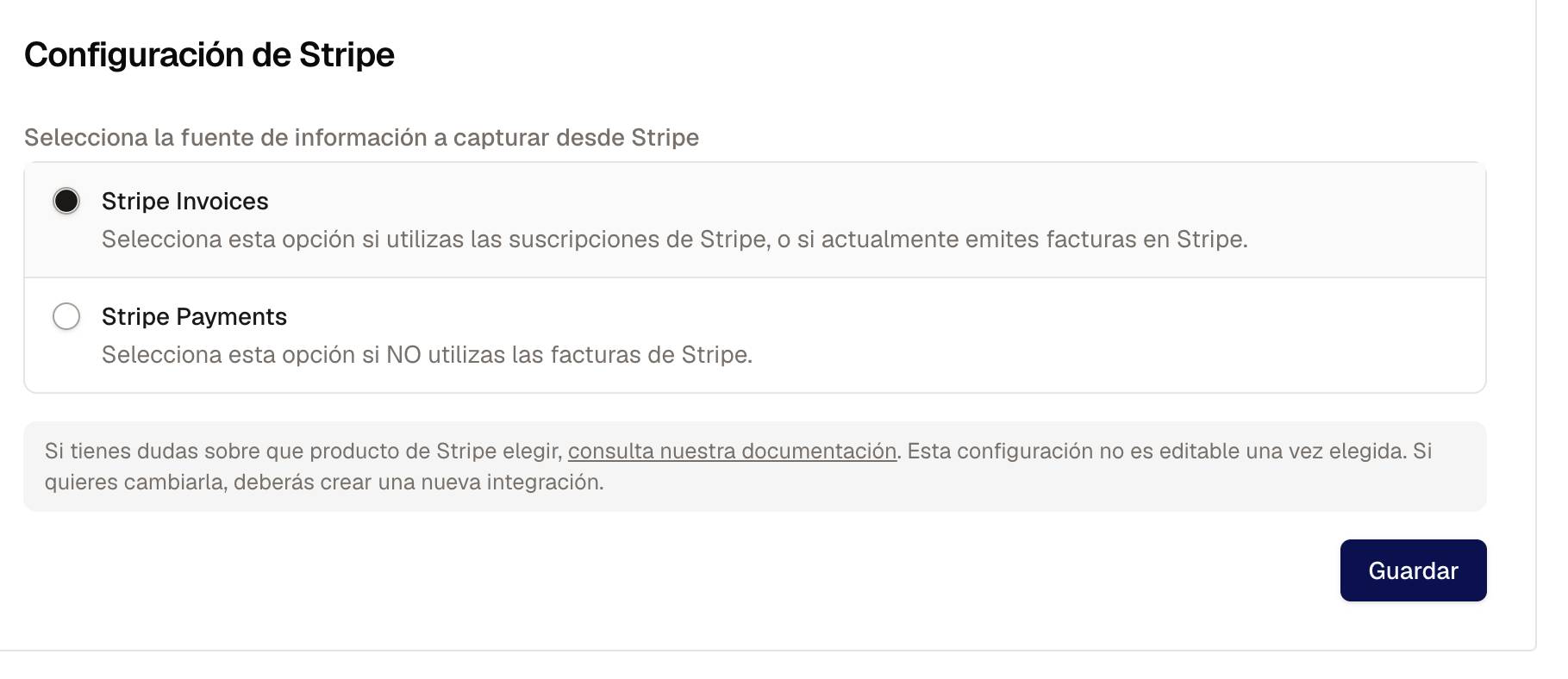 Selección de Stripe Invoices al añadir la integración de Stripe en Finseed