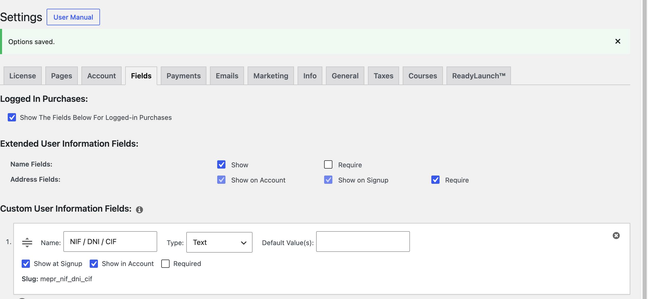 Campo personalizado NIF / DNI / CIF con Show at Signup activado en MemberPress > Settings > Fields