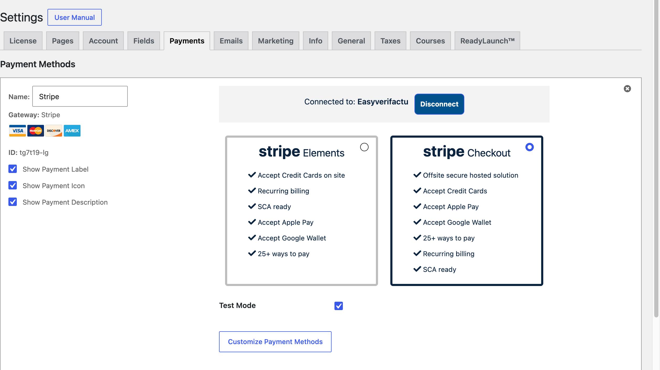 Pasarela Stripe configurada en MemberPress > Settings > Payments