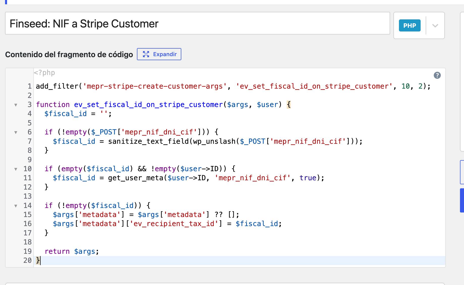 Snippet añadido en el plugin Code Snippets de WordPress