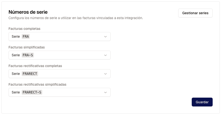 Pantalla de Finseed para asignar a una integración las cuatro series: facturas completas, simplificadas, rectificativas completas y rectificativas simplificadas