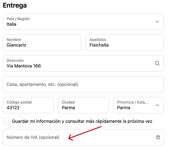 Campo de número de IVA aparece en el checkout de Shopify al introducir una dirección europea