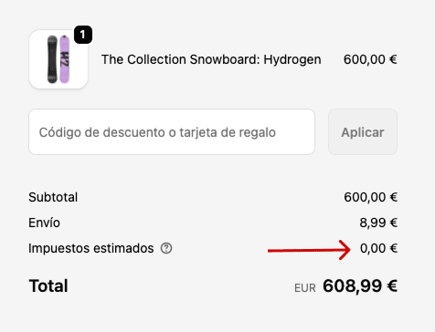 Impuestos a cero en el resumen del pedido de Shopify tras validar el NIF-IVA europeo