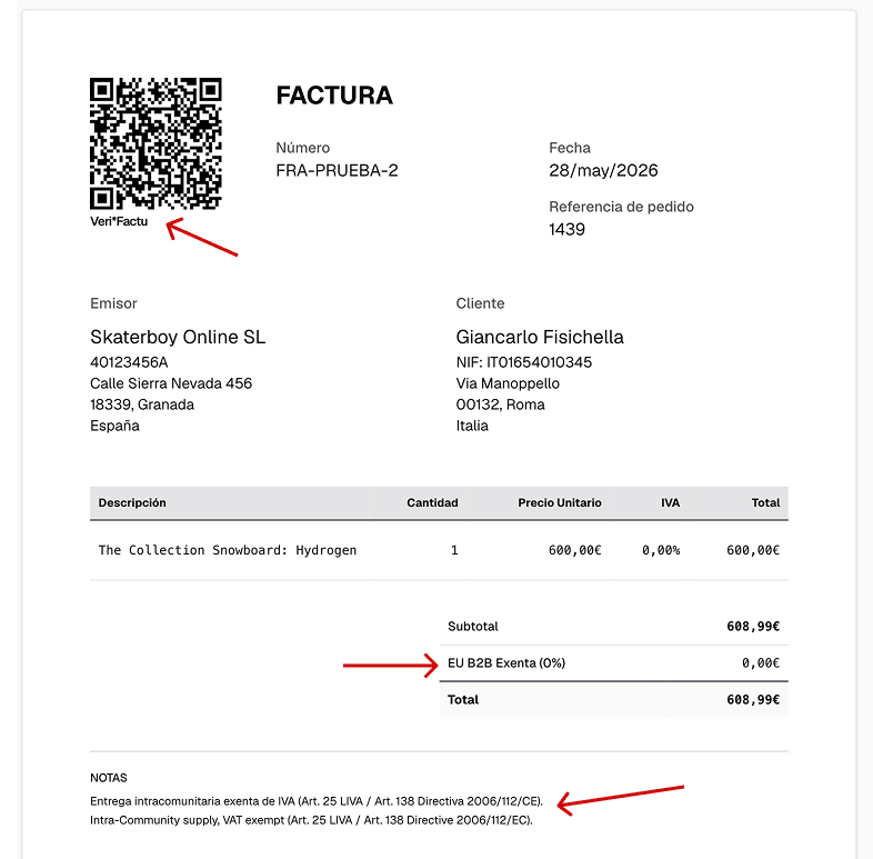 Factura intracomunitaria emitida por Finseed con código QR Verifactu y coletilla legal de exención de IVA