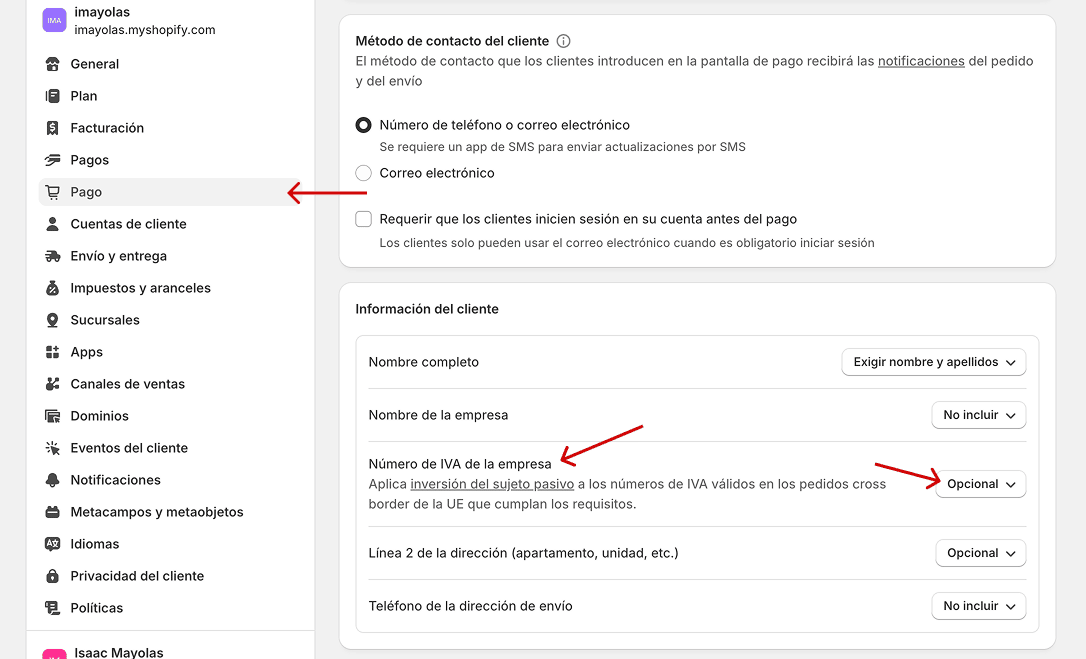Campo Número de IVA de la empresa en Configuración Pago de Shopify