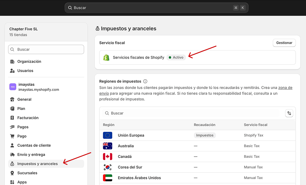 Ejemplo de configuración de impuestos en Shopify