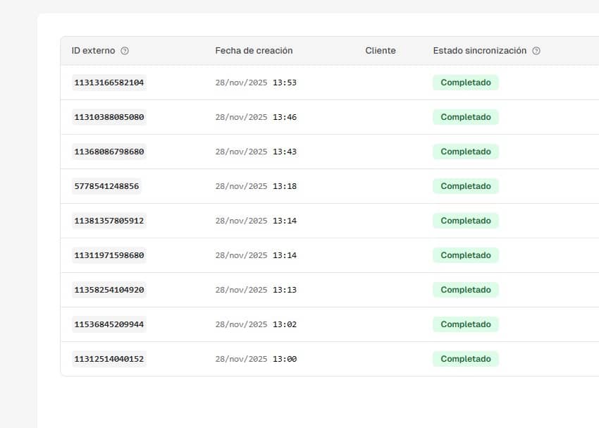 Listado de sincronizaciones en Finseed mostrando pedidos con estado Completado tras el cambio de moneda