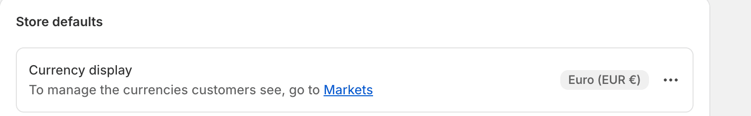 Configuración de Shopify con el campo Currency display ya cambiado a Euro (EUR)