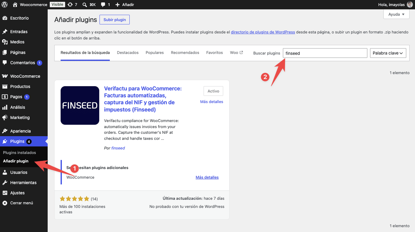 Plugin de Finseed en el buscador de plugins de WordPress