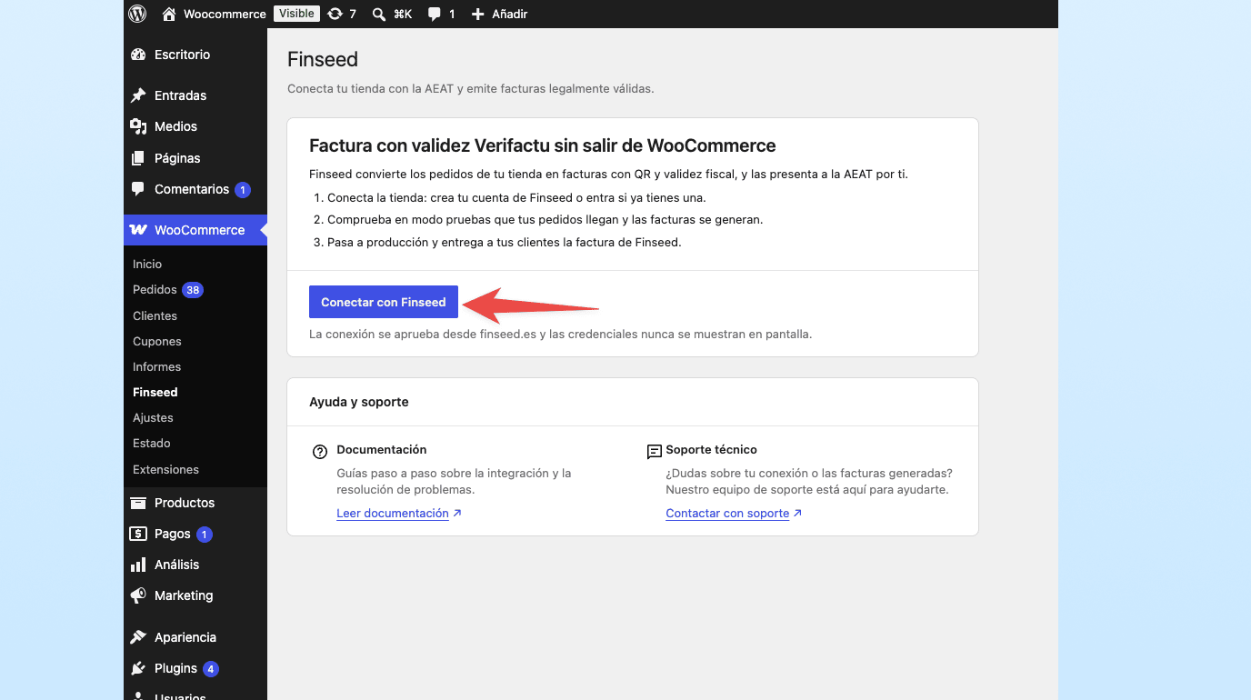 Botón Conectar con Finseed dentro de WooCommerce